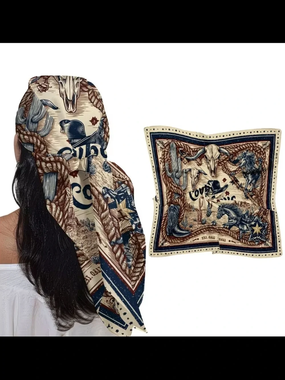 Cowboy Western Print Men's Scarf in Cream and Brown